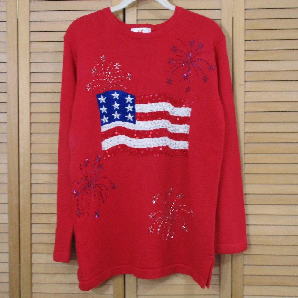 Quacker Factory Vintage Embellished 4th Of July Patriotic Sweater S